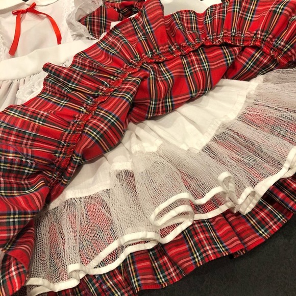 Vintage Golden Age Full Circle Plaid Pinafore Party Dress Ruffles Lace 80s - Picture 11 of 12